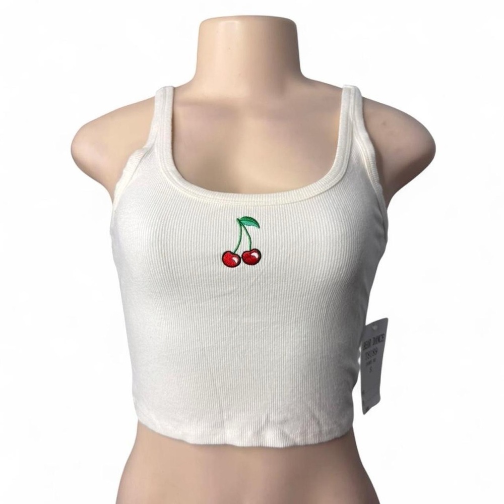 White Ribbed Cherry Tank Crop Top - Women